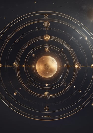 A glowing celestial map with planets aligned over a starry night sky.