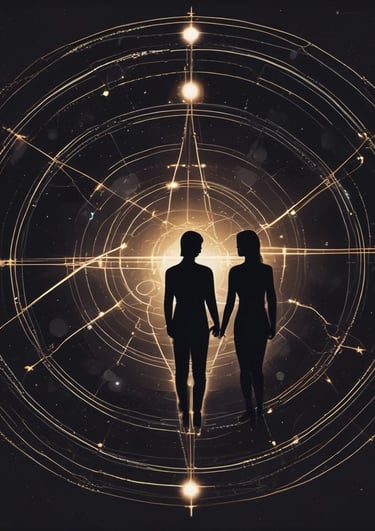 Two intertwined zodiac signs glowing softly against a cosmic backdrop.