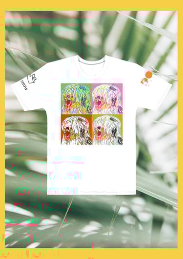 Best in Show wearable art t-shirt featuring a four-panel pop-art style dog portrait painting