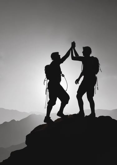 Two climbers celebrating at the top