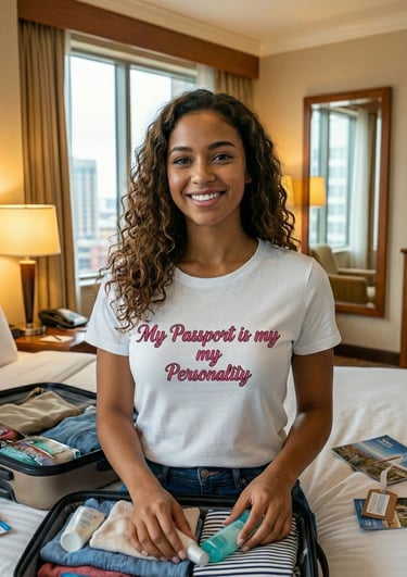 a woman holding a suitcase while wearing a travel tee about her passport and smiling at the camera