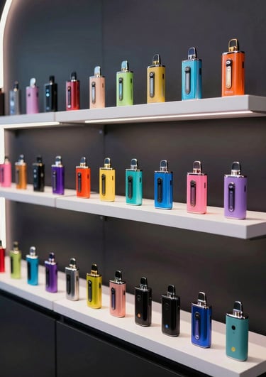 A sleek display of premium vape devices and accessories arranged neatly on a wooden shelf.