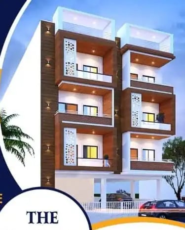 Modern four-story residential building with wood paneling and elegant balcony designs at dusk.