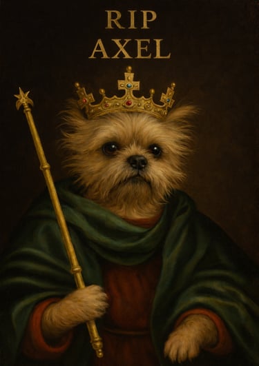 Renaissance style oil painting of a dog king wearing a crown and holding a royal scepter.