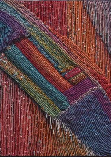 Close-up of detailed embroidery and needle craft pieces in rich textures.