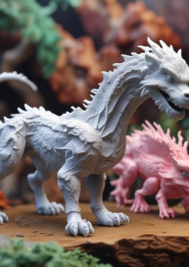 A vibrant display of colorful 3D printed figurines arranged on a wooden shelf.