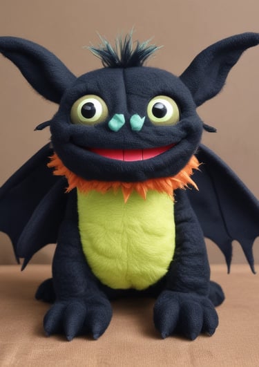 A whimsical, handmade puppet mid-performance with expressive features.