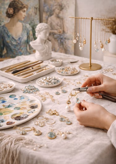 “Joyero usando alicates para ensamblar pendientes de oro hechos a mano con perlas y cristales