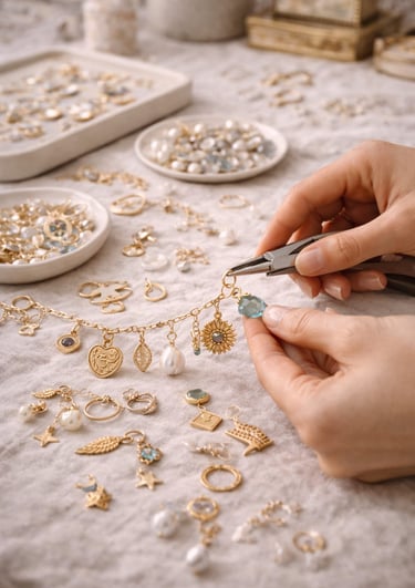 creacion de joyeria con charms con significado en el taller de una tienda de joyeria