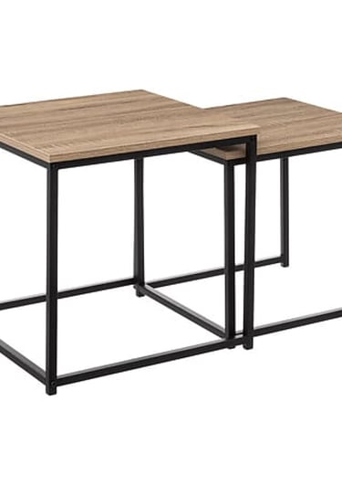 Rustic nesting side tables with oak wood finish tops and industrial black metal frames.
