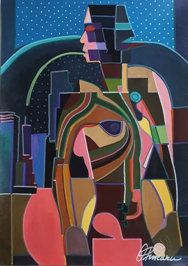 Kubistisch-figuratives Frauenprofil mit Halo vor Sternhimmel – Feminine Majestät I, 30×42 cm