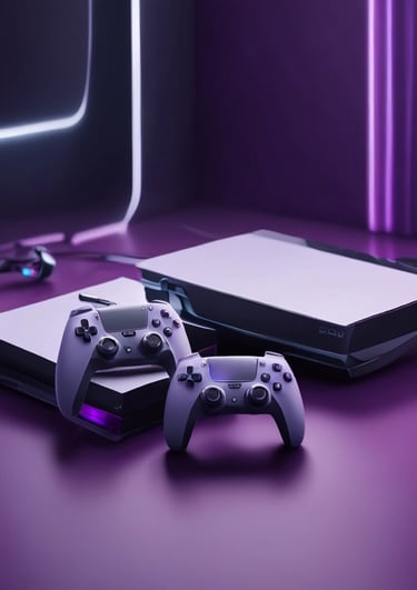 A sleek, dark-themed gaming console setup with purple lighting reflecting the Playstation 5 interface style.