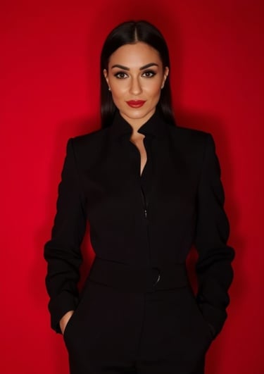 Serena Maria Lerose, Business-Coach für Social Media Management, vor rotem Hintergrund im schwarzen Hemd