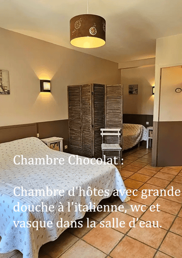 chambre Chocolat "la ramade" avec un grand lit et un petit lit, mur ton chocolat et placard . 