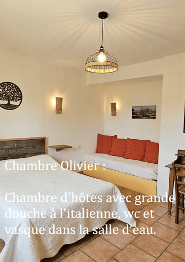 chambre Olivier de "la ramade" avec un grand lits , une table et miroir , mur blanc