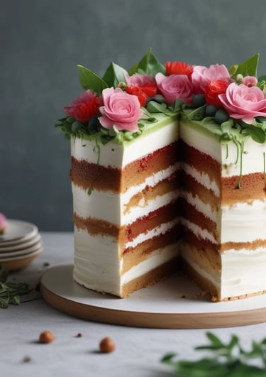 Close-up of a beautifully decorated chocolate cake with rich frosting and delicate details.