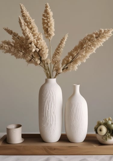 A rustic plaster vase with delicate dried flowers, set on a wooden table with soft natural light.