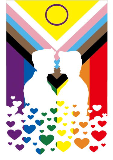 Gay Kiss pride artwork featuring two men kissing in silhouette, set against the Progress Pride flag with rainbow hearts