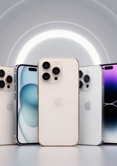 Sleek modern Apple devices including the latest iPhones, iPads, and AirPods displayed on a minimalist white background.