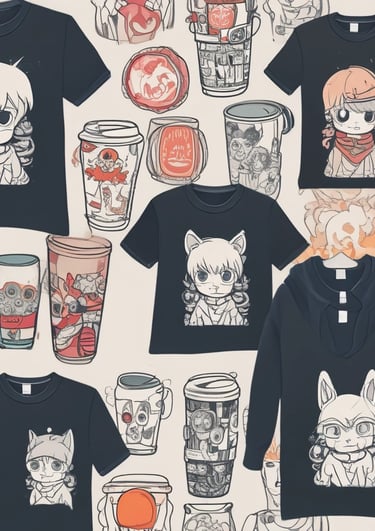 A vibrant display of custom printed shirts, mugs, and laser-engraved wedding souvenirs arranged artfully on a wooden table.