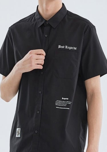 Men's black short sleeve button-down shirt featuring Best Regards white gothic text embroidery.