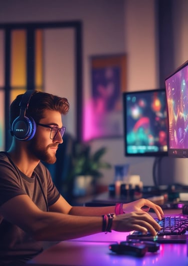 Futuristic home with sleek technology devices glowing softly in a modern living room.