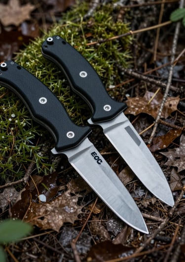 An assortment of vintage knives laid out on aged leather, showcasing unique patinas and craftsmanship.