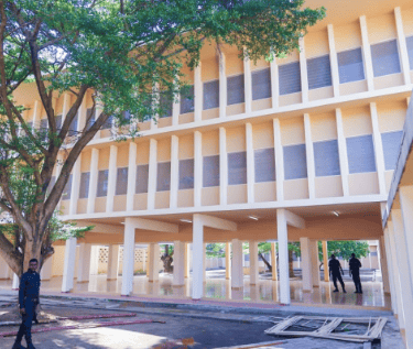 a man walking down a street with a tree in the background