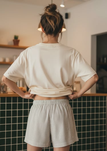 a woman in a white shirt and shorts standing in front of a counter