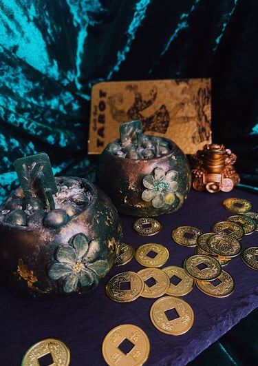 a table with coins and candle