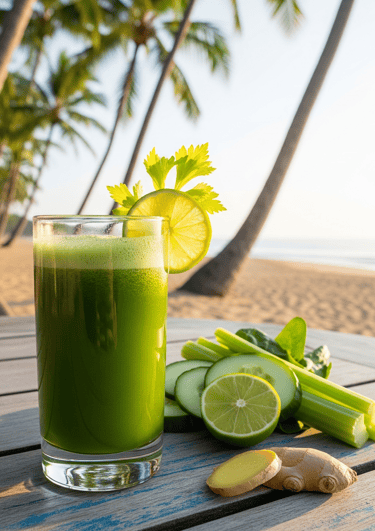 a glass of juice with a slice of lime on a table
