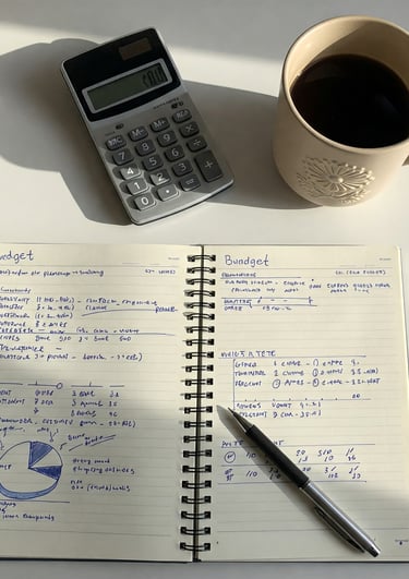 Libreta con plan de presupuesto y calculadora sobre mesa de trabajo