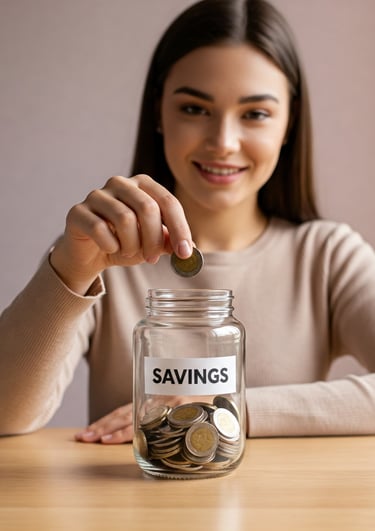 Persona introduciendo una moneda en una hucha con rótulo SAVINGS