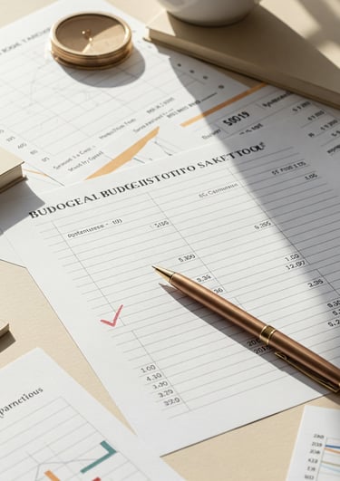 Mesa de trabajo con plantillas financieras impresas, bolígrafo y gráfico listo para descargar