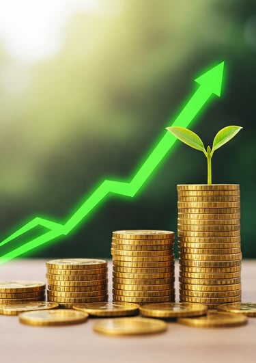 Monedas apiladas con flecha verde ascendente representando inversión