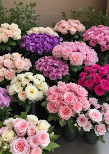 A vibrant display of colorful flower arrangements showcasing various categories.