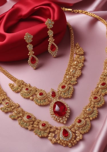 A close-up of beautifully handcrafted jewellery pieces showcasing intricate designs and sparkling gemstones.