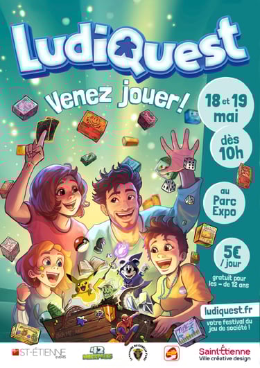 affiche cartoon ludiquest festival de jeu de société saint etienne