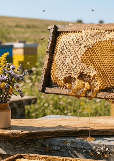 Fresh raw honey dripping from a wooden bee frame in a sunlit outdoor apiary with honeycombs and wild