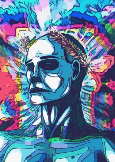 a blue man with a laurel wreath and a colorful backgrounds 