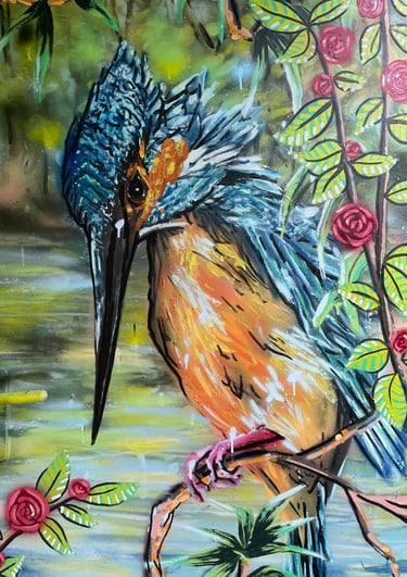 un peinture d'un martin pêcheur avec des fleurs