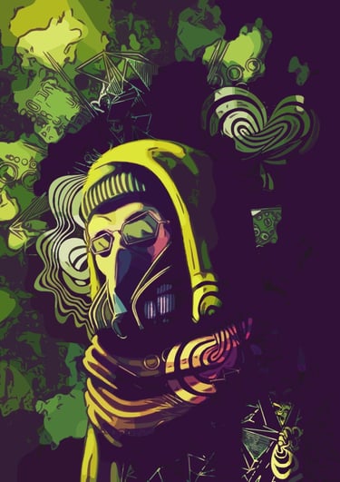a man in a gas mask and a green and graphic style background