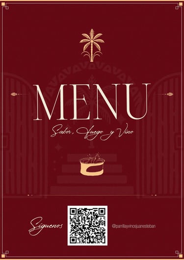 Menú de Parrilla y Vinos Juan Esteban con diseño elegante y lema “Sabor, Fuego y Vino”.
