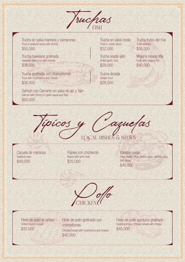 Menú de platos típicos en Parrilla y Vinos Juan Esteban, con opciones de trucha 