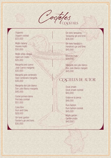 Menú de cocteles en Parrilla y Vinos Juan Esteban, con opciones clásicas y de autor