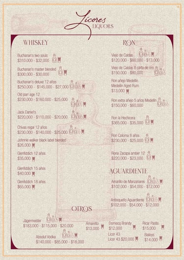 Lista de licores en Parrilla y Vinos Juan Esteban, con variedad de whiskies, rones, aguardientes 