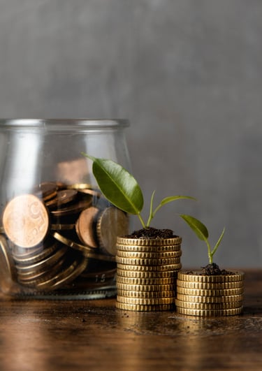 a jar of coins and a plant growing out of a jar