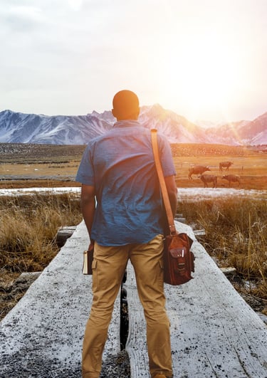 a man standing on a wooden bridge over looking at the mountains