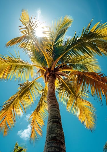 a palm tree with the sun shining through the palm trees