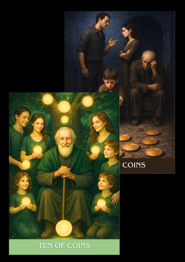 the ten of coins tarot card  subconscious tarot light and shadow deck 